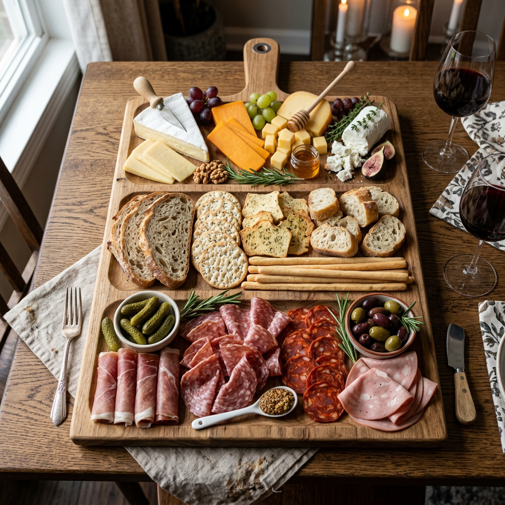 Charcuterie board with cheeses, meats, breads, fruit, olives, and wine